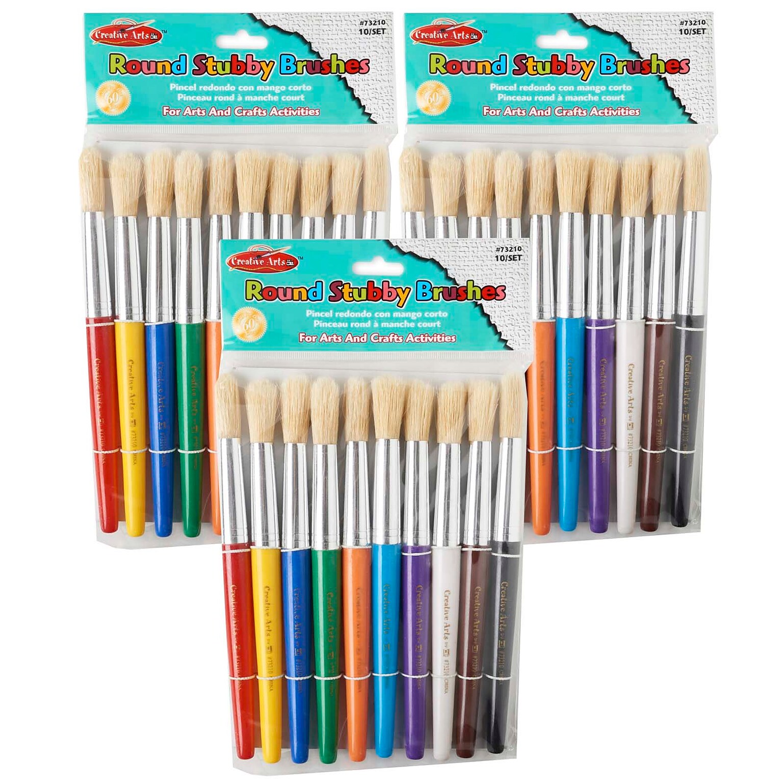 CLI Creative Arts Stubby Round Brushes, Assorted Colors, 10 Per Pack, 3 Packs (CHL73210-3)