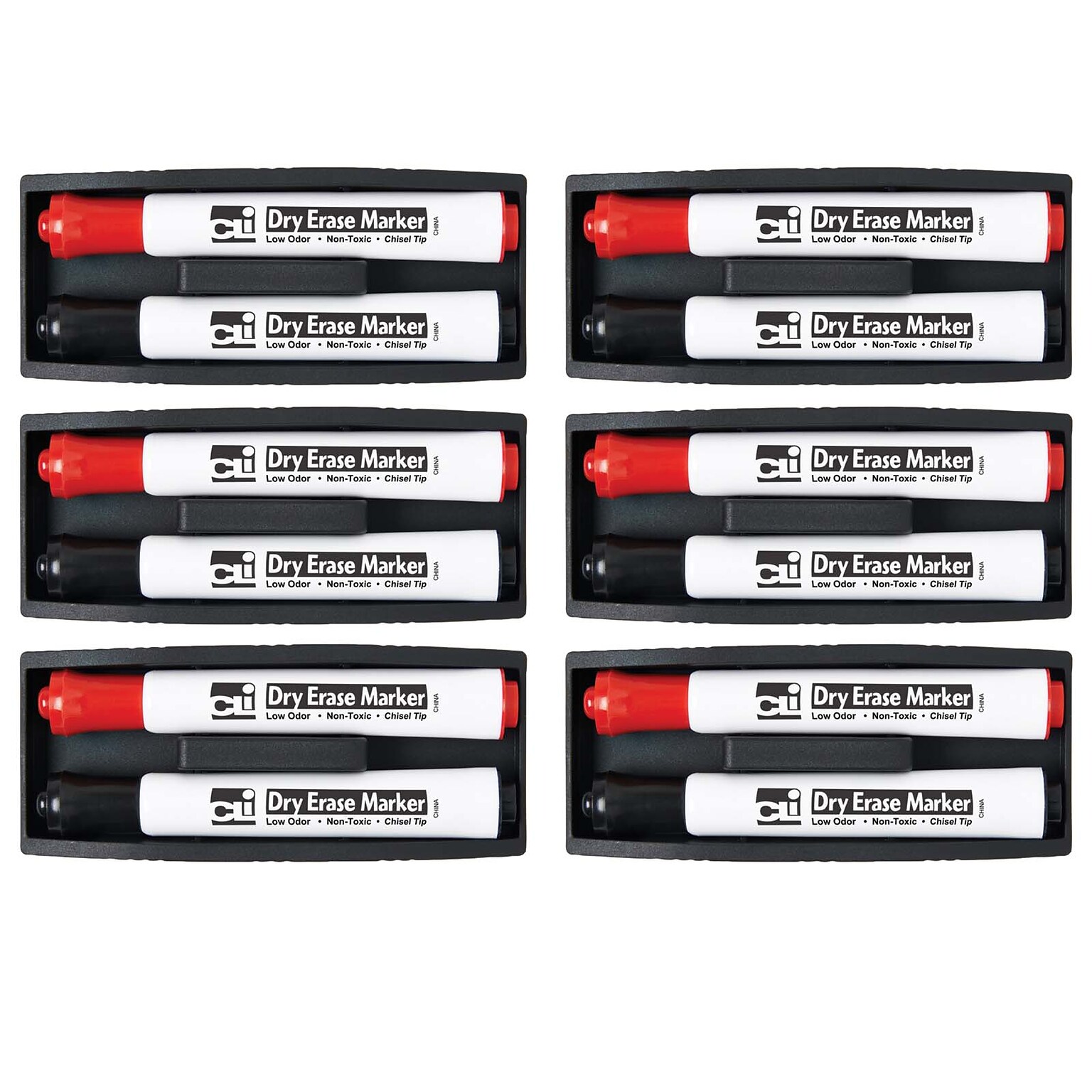 Charles Leonard Dry Erase Magnetic Whiteboard Eraser with 2 Dry Erase Markers, Red/Black, Pack of 6 (CHL74532-6)