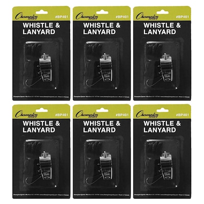 Champion Sports Metal Whistle & Black Lanyard Pack, Silver/Black 6 Packs (CHSBP401-6)