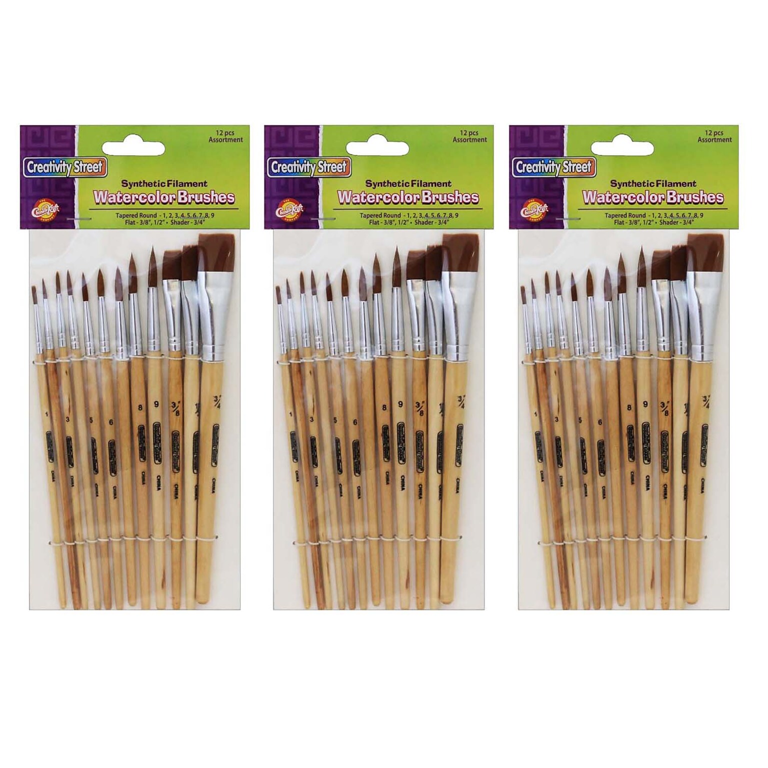 Creativity Street Watercolor Brushes, Assorted Sizes, 12 Per Set, 3 Sets (CK-5136-3)