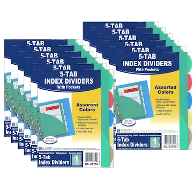 C-Line Mini Size 5-Tab Poly Index Dividers, 5 Tabs, Assorted Colors, 5/Pack, 12 Packs (CLI03750-12)