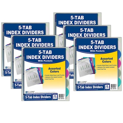 C-Line 5-Tab Poly Index Dividers with Pocket, 5 Tabs, Assorted Colors, 5/Pack, 6 Packs (CLI05750-6)