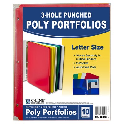 C-Line® Heavyweight, 3-Hole Punched, 2-Pocket Portfolio, Assorted Colors, 10 Per Pack, 2 Packs (CLI32930-2)