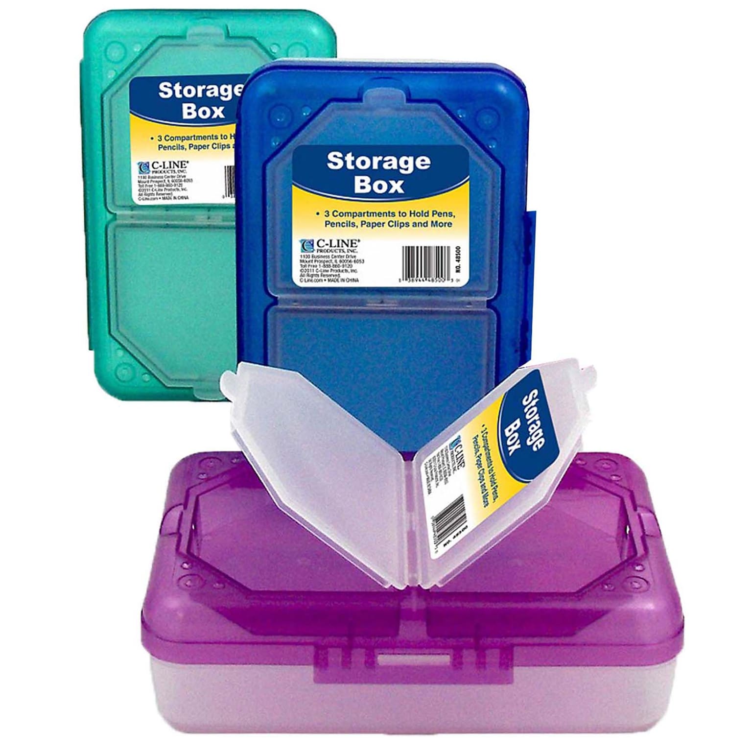 C-Line Plastic 3 Compartment Storage Box, 7.90 × 4.90 × 2.50, Assorted Colors (no color choice), Pack of 3 (CLI48500-3)