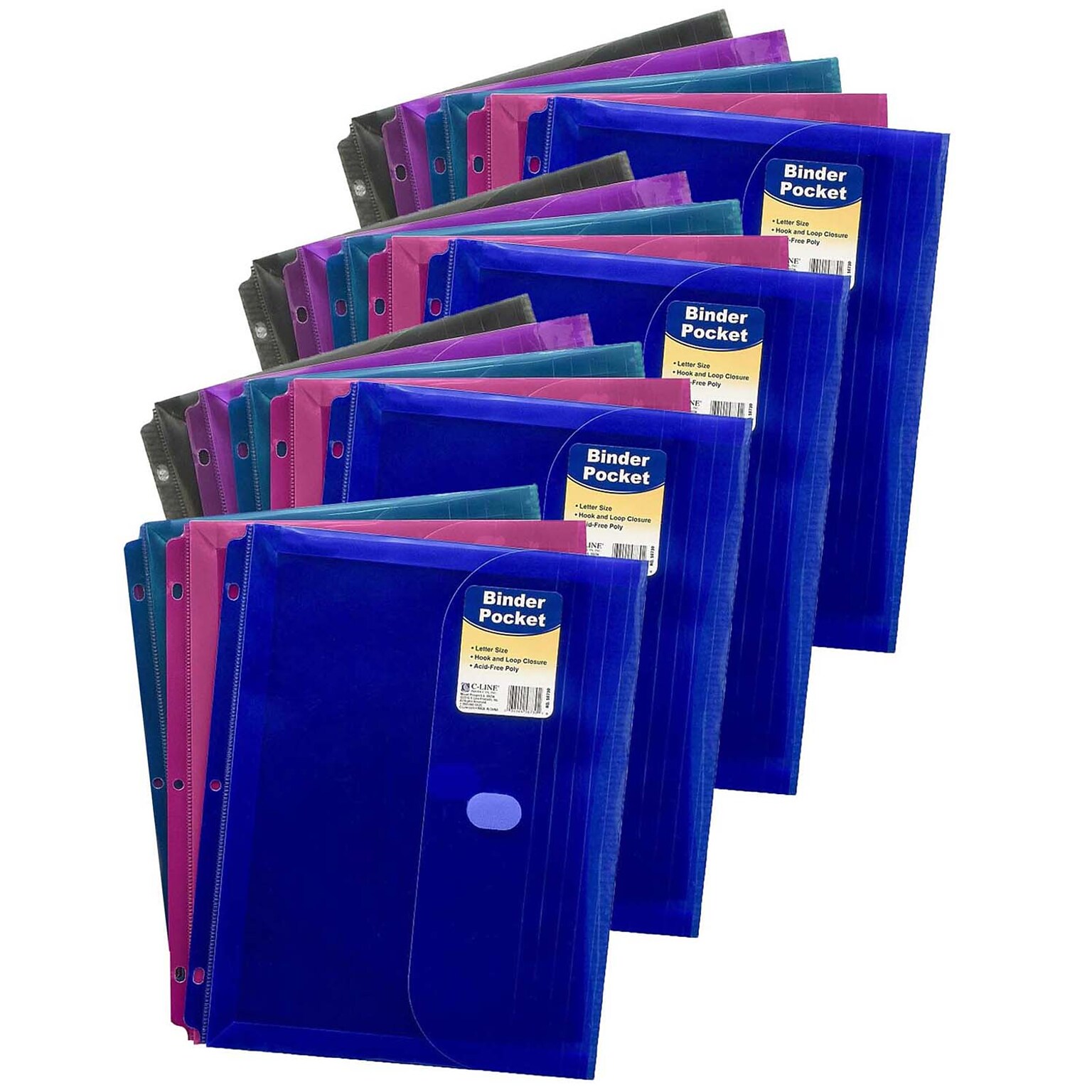 C-Line Polypropylene Side Loading Binder Pocket, 3-Hole, Assorted Colors, 18/Bundle (CLI58730-18)