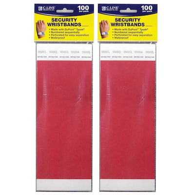 C-Line DuPont Tyvek Security Wristbands, Red, 100 Per Pack, 2/Pack (CLI89104-2)