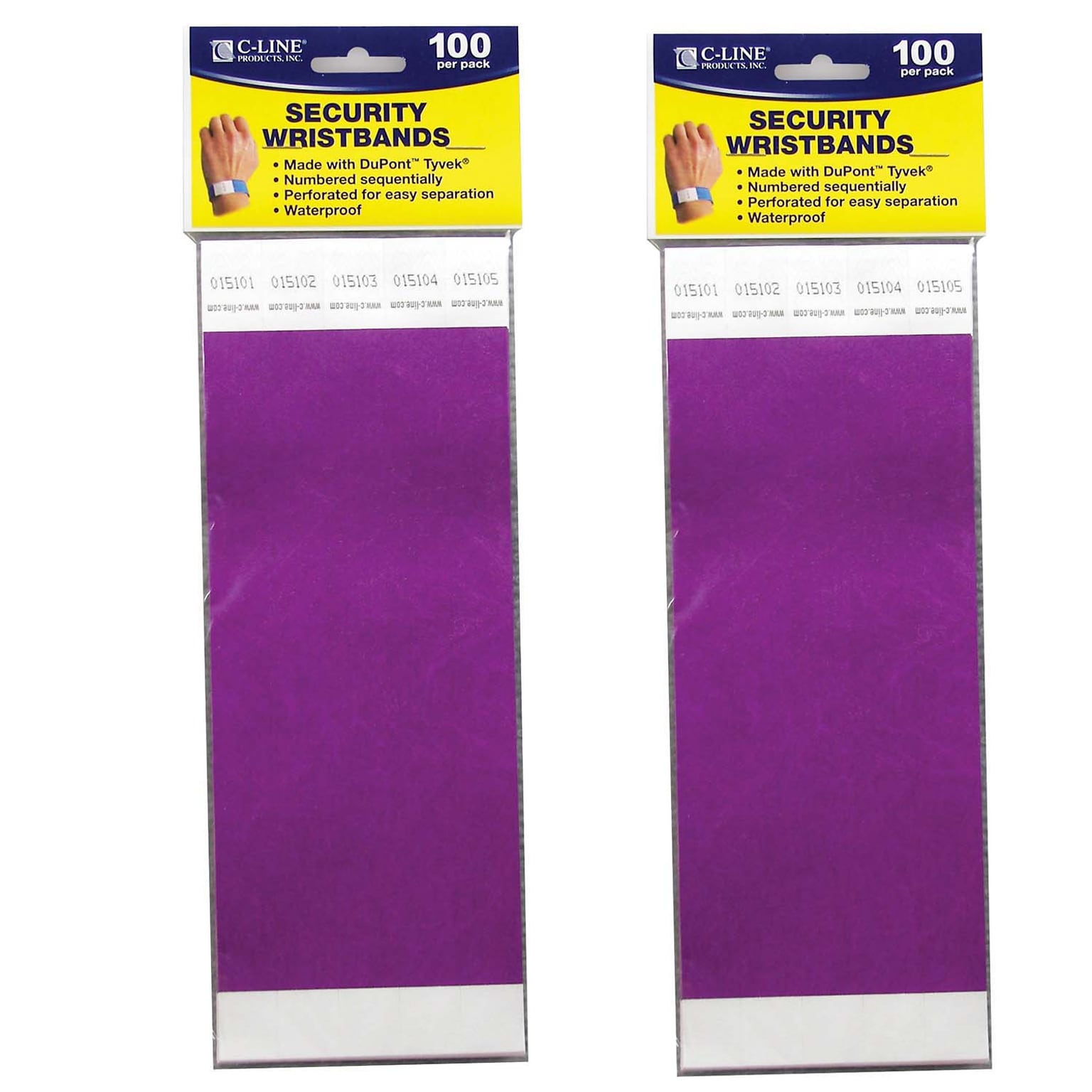 C-Line DuPont Tyvek Security Wristbands, Purple, 100 Per Pack, 2/Pack (CLI89109-2)