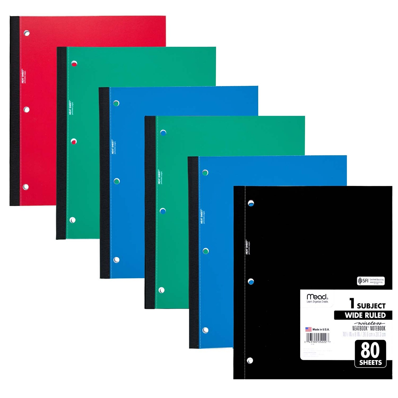 Mead Wireless Neatbook 1-Subject Notebook, Wide Ruled, 80 Sheets, Assorted Colors, 6/Bundle (MEA05222-6)