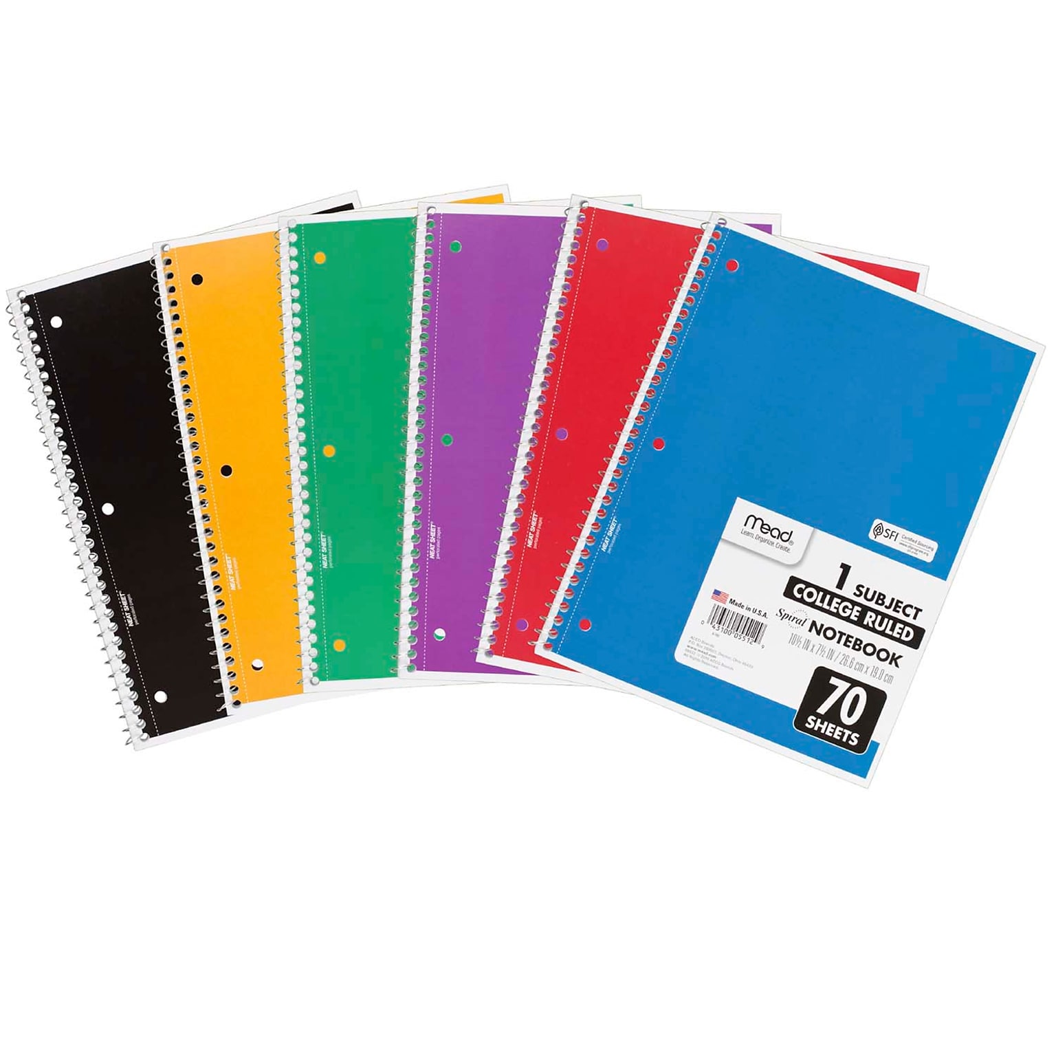 Mead® 1 Subject Spiral Notebook, 10.5 x 8, College Ruled, 70 Sheets Per Book, Assorted Colors, 6/Pack (MEA05512-6)