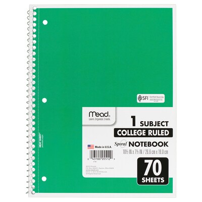 Mead® 1 Subject Spiral Notebook, 10.5" x 8", College Ruled, 70 Sheets Per Book, Assorted Colors, 6/Pack (MEA05512-6)