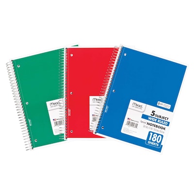 Mead 5-Subject Subject Notebooks, 8 x 10.5, Wide Ruled, 180 Sheets, Assorted Colors, 3/Bundle (MEA