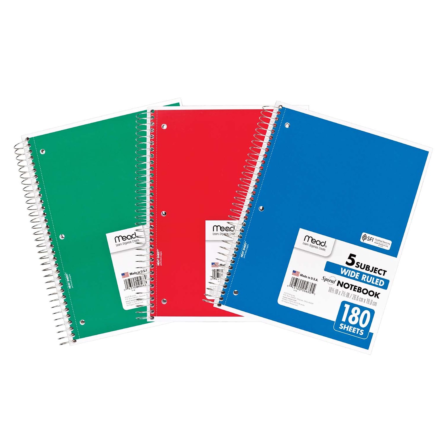 Mead 5-Subject Subject Notebooks, 8 x 10.5, Wide Ruled, 180 Sheets, Assorted Colors, 3/Bundle (MEA05680-3)