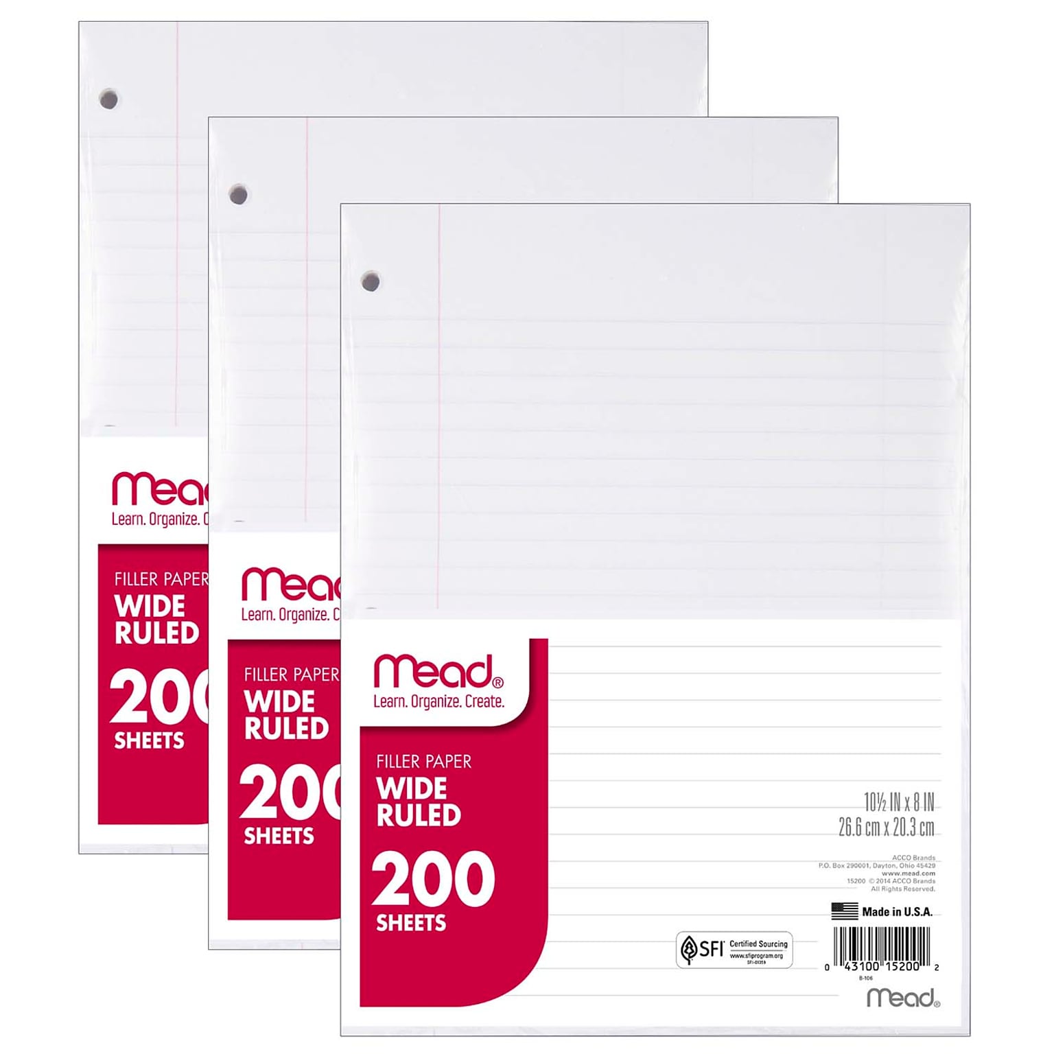 Mead Wide Ruled Filler Paper, 10.5 x 8, White, 200 Sheets/Pack, 3 Packs (MEA15200-3)
