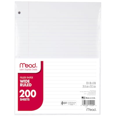 Mead Wide Ruled Filler Paper, 10.5 x 8", White, 200 Sheets/Pack, 3 Packs (MEA15200-3)