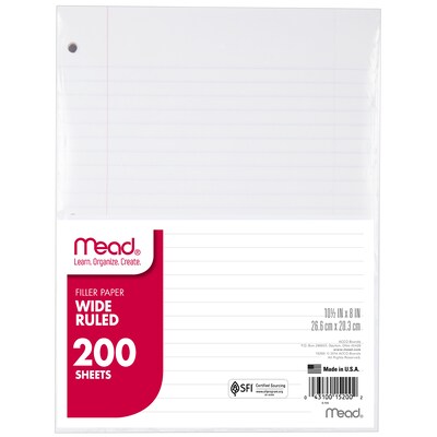 Mead Wide Ruled Filler Paper, 10.5 x 8", White, 200 Sheets/Pack, 3 Packs (MEA15200-3)