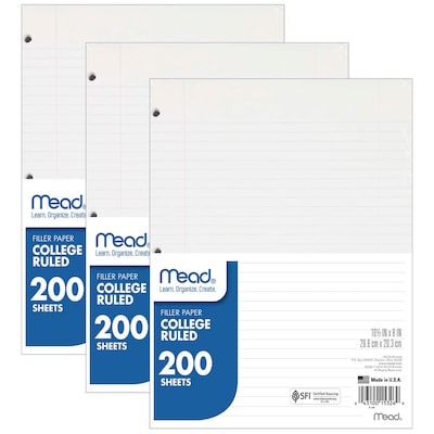 Mead College Ruled Filler Paper, 8 x 10.5, 3-Hole Punched, 200 Sheets/Pack, 3/Bundle (MEA15326-3)