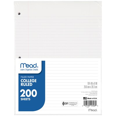 Mead College Ruled Filler Paper, 8 x 10.5, 3-Hole Punched, 200 Sheets/Pack, 3/Bundle (MEA15326-3)