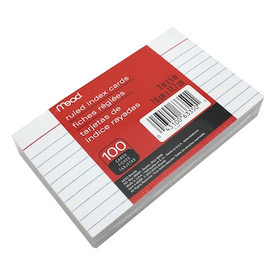 Mead 3" x 5" Index Cards, Ruled, White/Blue Lines,100/Pack, 12 Packs/Bundle (MEA63350-12)