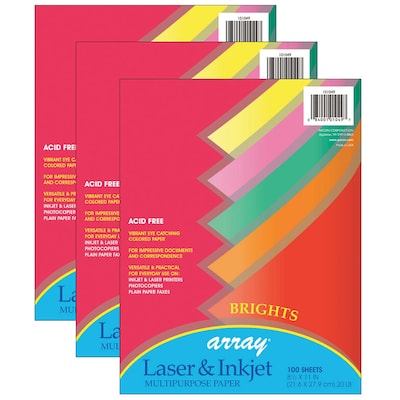 Pacon 8.5 x 11 Multipurpose Colored Paper, 20 lb., Assorted Brights, 100 Sheets Per Pack/3 Packs (