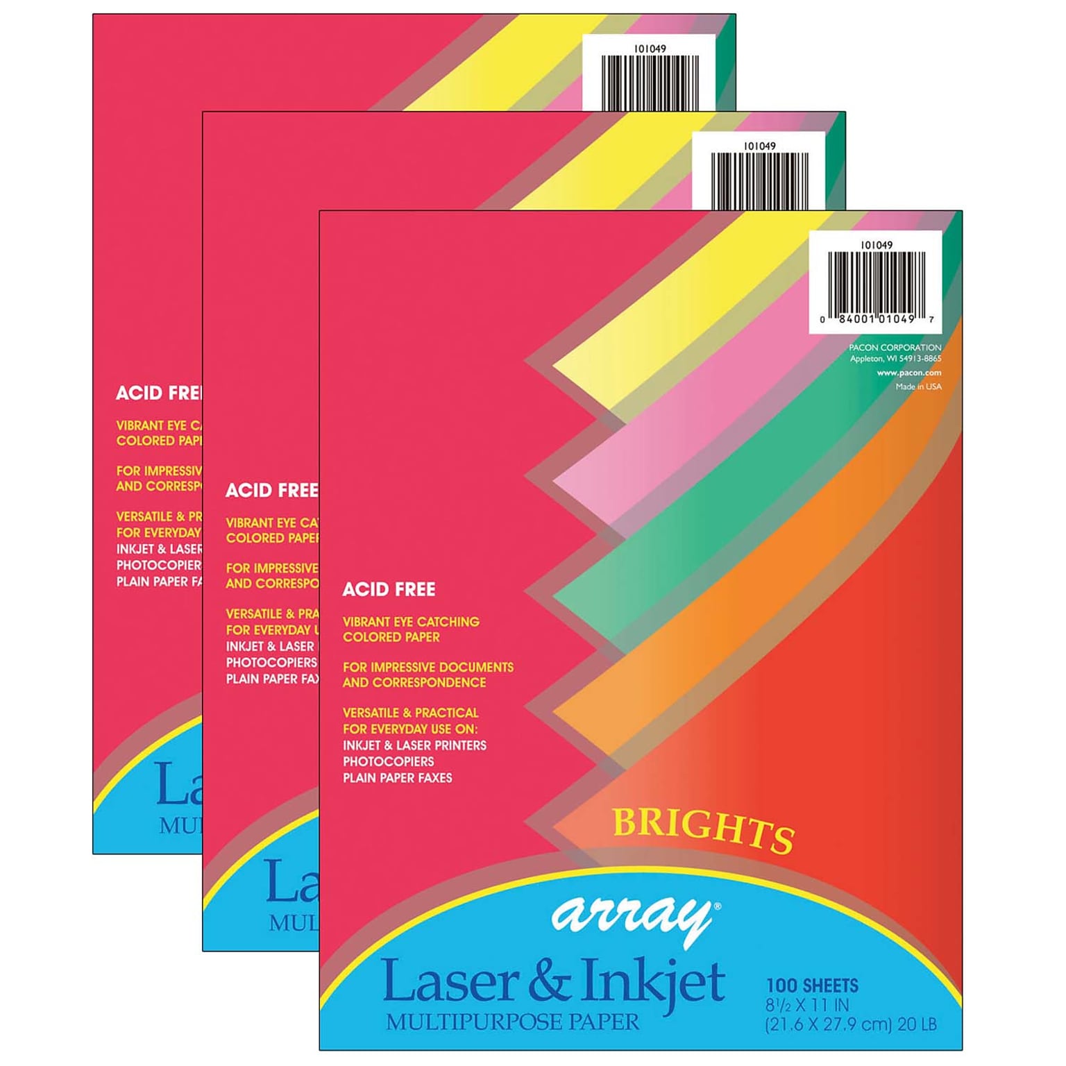 Pacon 8.5 x 11 Multipurpose Colored Paper, 20 lb., Assorted Brights, 100 Sheets Per Pack/3 Packs (PAC101049-3)