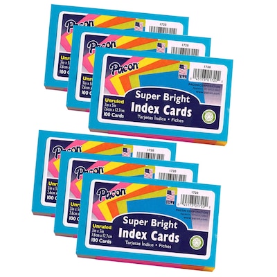 Pacon® 3 x 5 Index Cards, Blank, Bright Assorted Colors, 100/Pack, 6 Packs/Bundle (PAC1720-6)