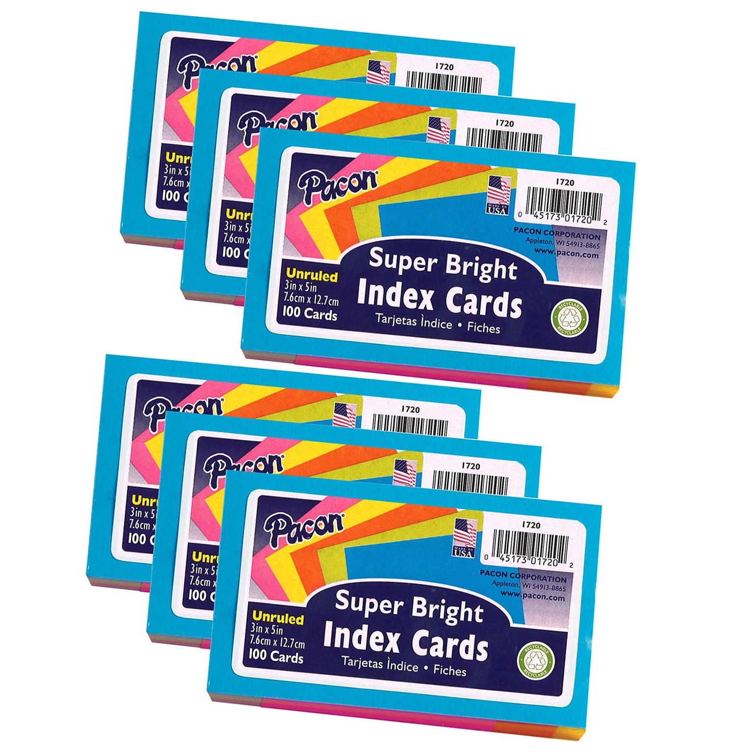 Pacon® 3 x 5 Index Cards, Blank, Bright Assorted Colors, 100/Pack, 6 Packs/Bundle (PAC1720-6)
