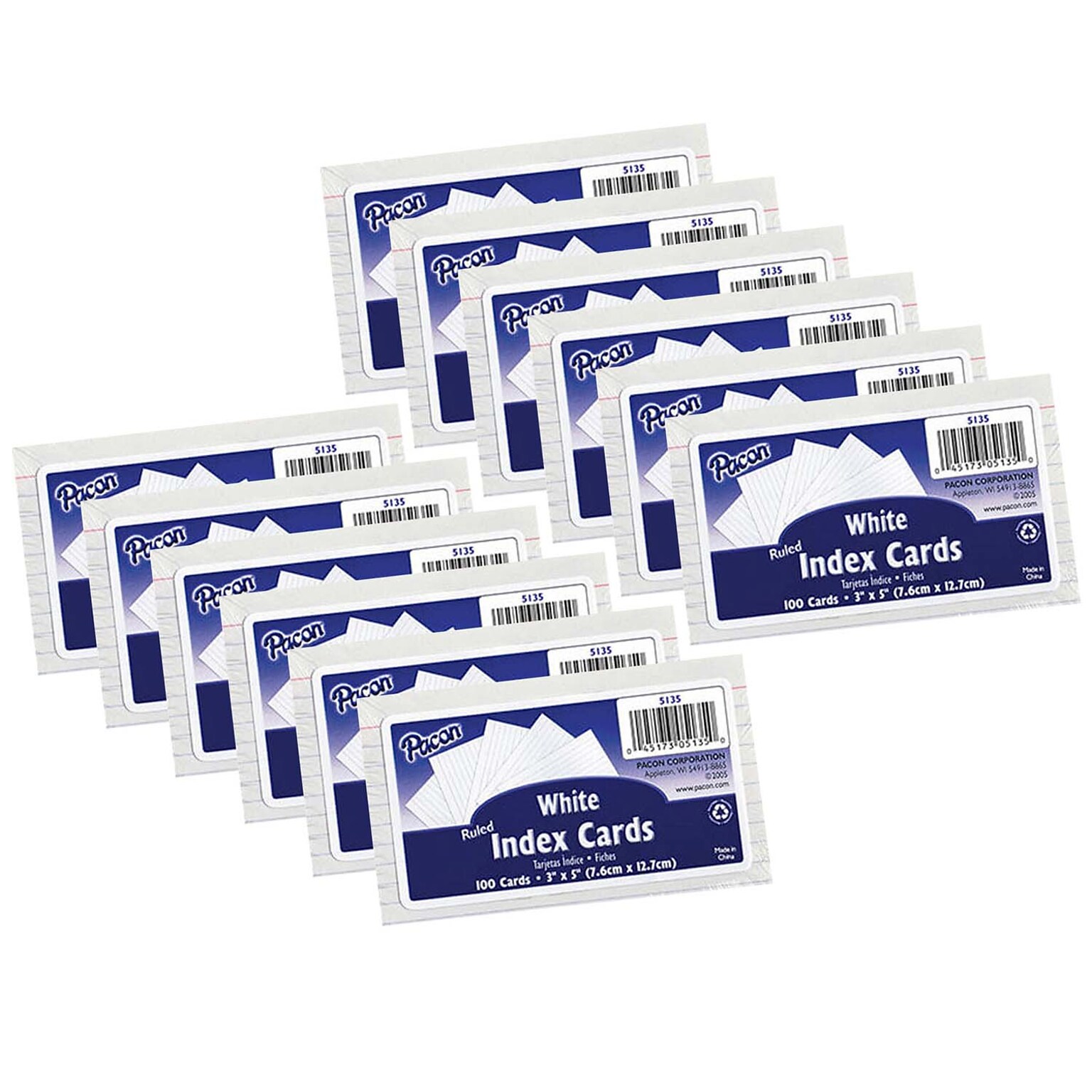 Pacon 3 x 5 Index Cards, Lined, White, 100/Pack, 12 Packs/Bundle (PAC5135-12)