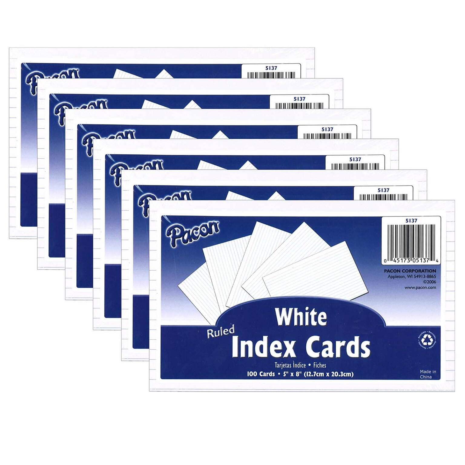 Pacon 5 x 8 Index Cards, Lined, White, 100/Pack, 6 Packs/Bundle (PAC5137-6)