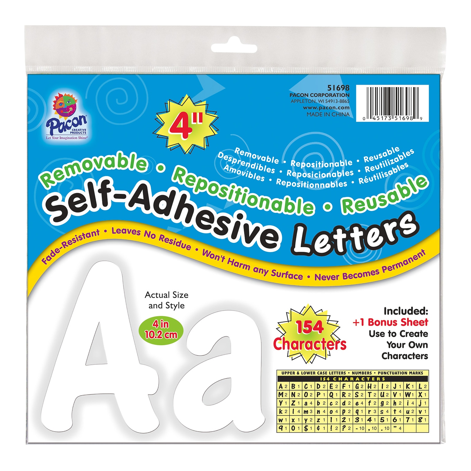 Pacon® 4 Self-Adhesive Letters, Cheery Font, White, 154 Characters (PAC51698)