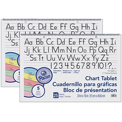 Pacon 1-1/2 Ruled (Long) Manuscript Cover Chart Tablet Easel Pad, 24 x 16, Assorted, 25 Sheets/Pad, Pack of 2 (PAC74734-2)