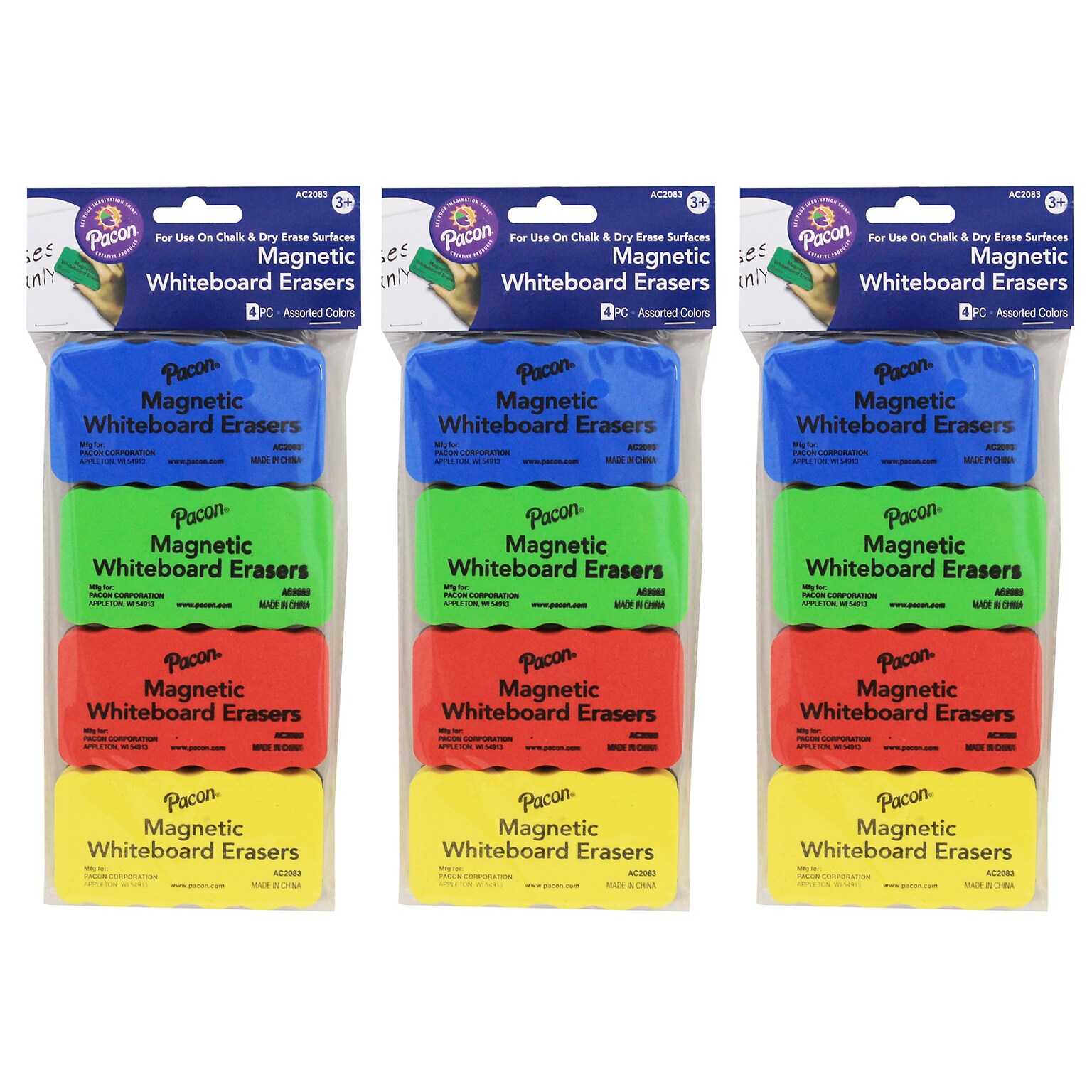 Pacon Magnetic Chalk & Whiteboard Eraser, 2.25 x 4.25, 4 Assorted Colors, 4 Erasers Per Pack, 3 Packs (PACAC2083-3)