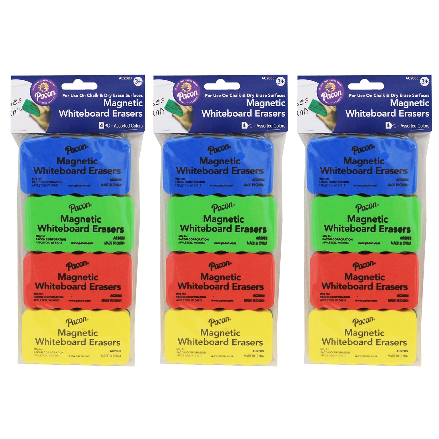 Pacon® Magnetic Chalk & Whiteboard Eraser, 2.25 x 4.25, 4 Assorted Colors, 4 Erasers Per Pack, 3 Packs (PACAC2083-3)