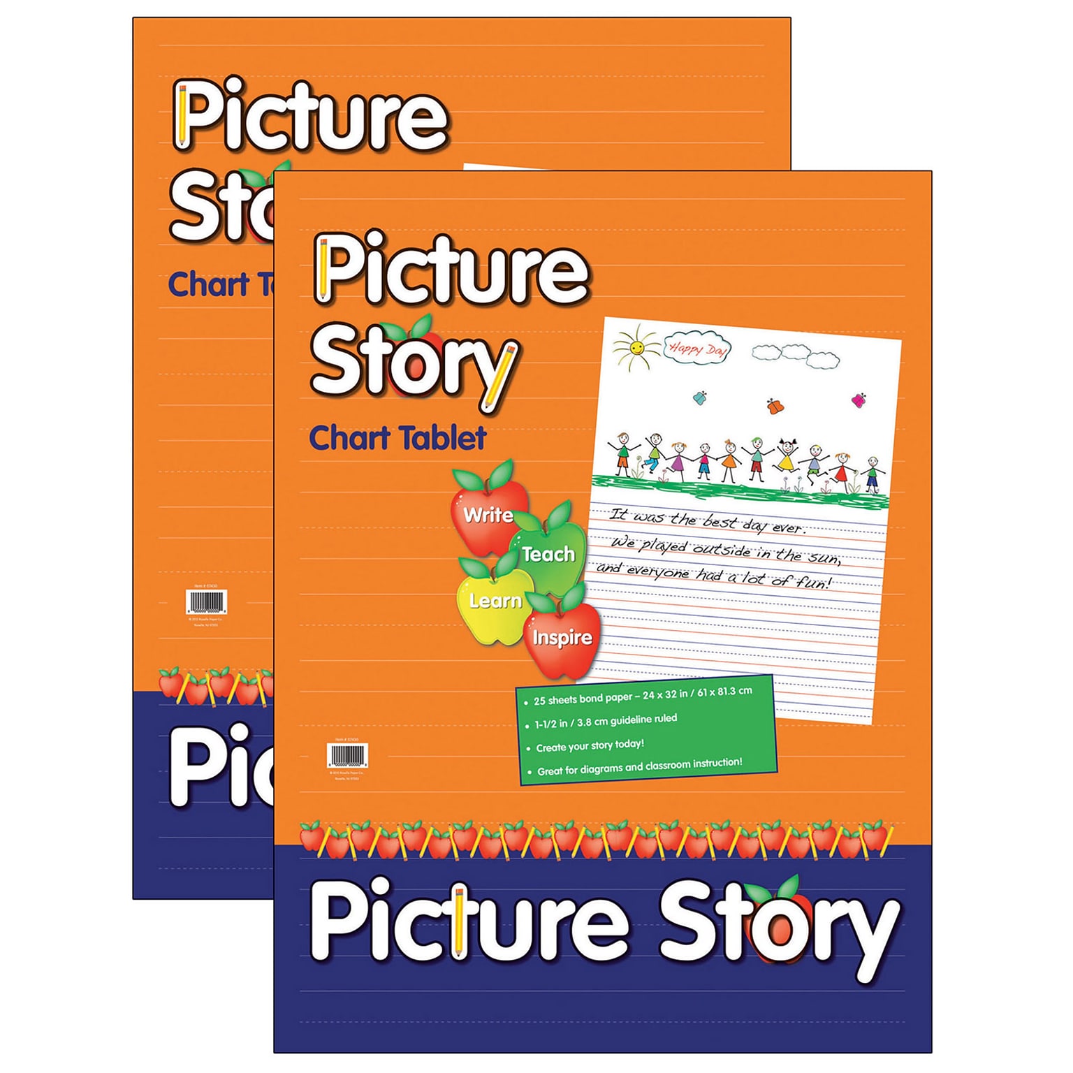 Pacon Picture Story Chart Tablet, White, Ruled Short, 1-1/2 Ruled, 24 x 32, 25 Sheets Per Pack, 2 Packs (PACMMK07430-2)