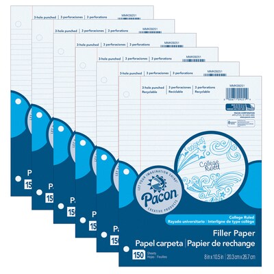 Pacon College Ruled Filler Paper, 8" x 10.5", White, 150 Sheets/Pack, 6 Packs (PACMMK09251-6)