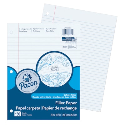 Pacon College Ruled Filler Paper, 8" x 10.5", White, 150 Sheets/Pack, 6 Packs (PACMMK09251-6)