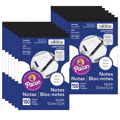 Pacon 4 x 6, Unruled Note Pad, White, 150 Sheets Per Pad, 12 Pads (PACMMK09532-12)