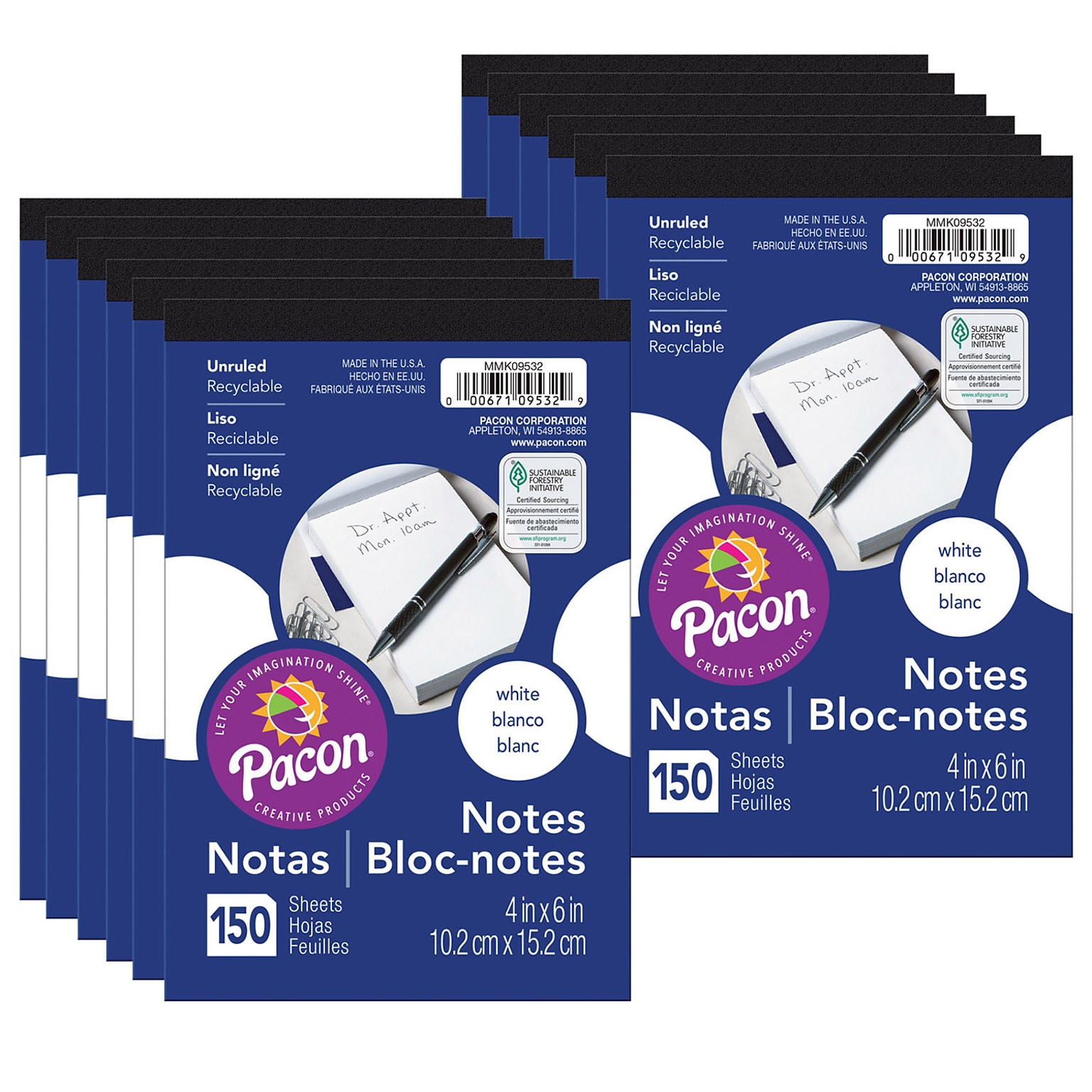 Pacon 4 x 6, Unruled Note Pad, White, 150 Sheets Per Pad, 12 Pads (PACMMK09532-12)