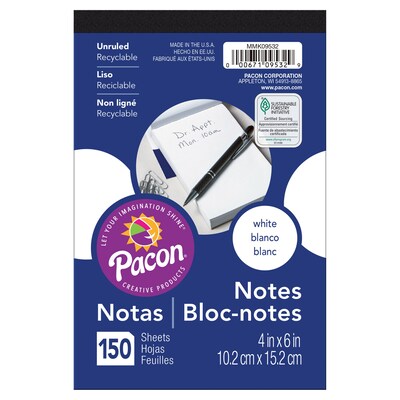 Pacon 4 x 6, Unruled Note Pad, White, 150 Sheets Per Pad, 12 Pads (PACMMK09532-12)