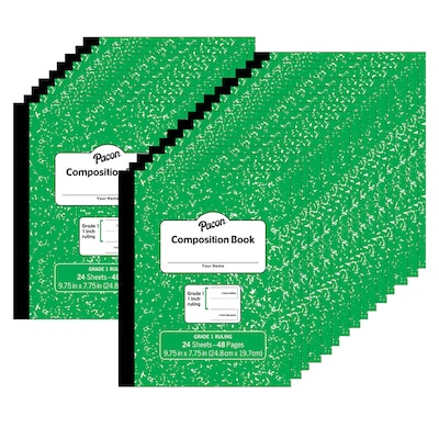 Pacon® Composition Book, 9.75" x 7.75", Grade 1 Ruling, 24 Sheets, Green Marble, Pack of 24 (PACMMK37137-24)