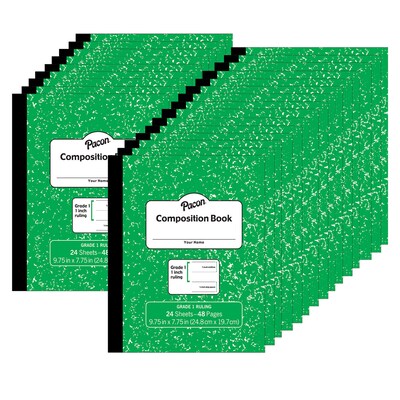 Pacon® Composition Book, 9.75 x 7.75, Grade 1 Ruling, 24 Sheets, Green Marble, Pack of 24 (PACMMK3