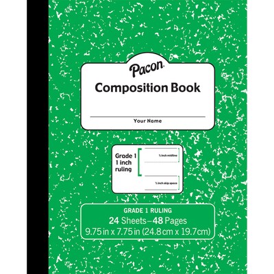 Pacon® Composition Book, 9.75 x 7.75, Grade 1 Ruling, 24 Sheets, Green Marble, Pack of 24 (PACMMK3