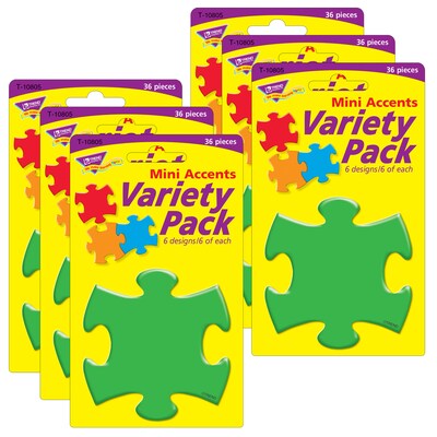 TREND Puzzle Pieces Mini Accents Variety Pack, 36 Per Pack, 6 Packs (T-10805-6)