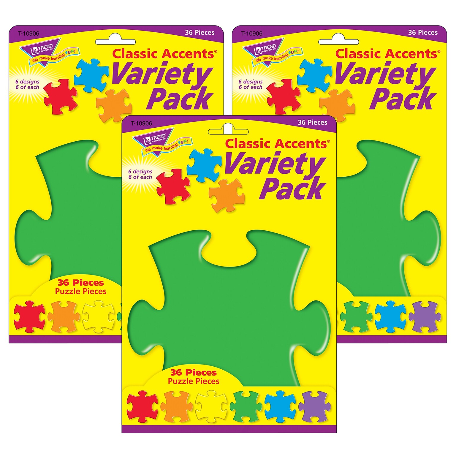 TREND Puzzle Pieces Classic Accents Variety Pack, 36/Pack, 3 Packs/Bundle (T-10906-3)