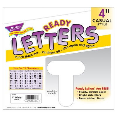 TREND 4" Casual Uppercase Ready Letters, White, 71 Characters/Pack, 6 Packs (T-1567-6)