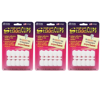 StikkiWorks StikkiCLIPS Adhesive Clips, White, 30 Per Pack, 3 Packs (STK01420-3)