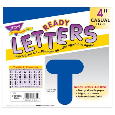TREND 4" Casual Uppercase Ready Letters, Blue, 71 Characters/Pack, 6 Packs (T-1602-6)