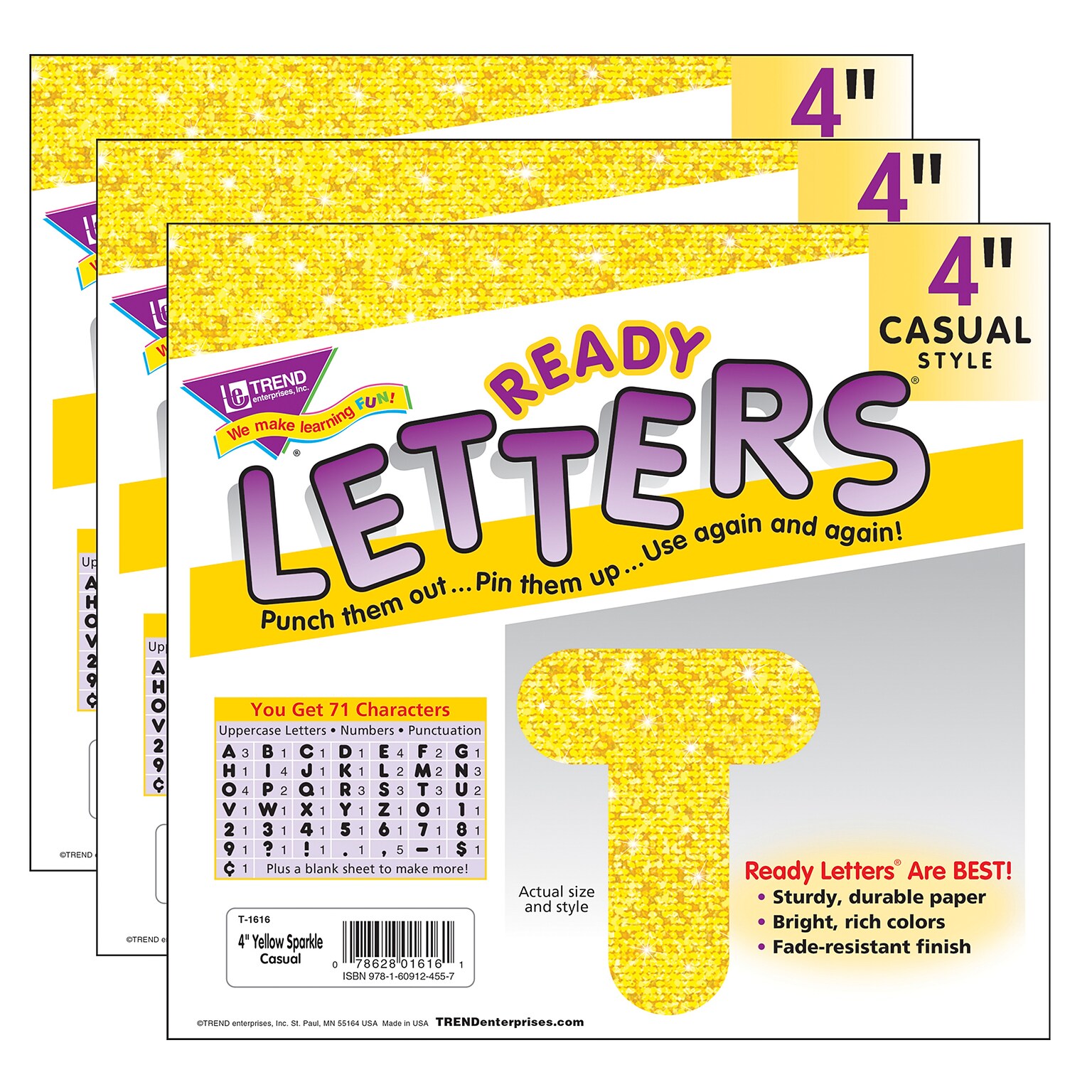 TREND 4 Sparkle Casual Uppercase Ready Letters, Yellow, 71/Pack, 3 Packs (T-1616-3)