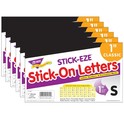 TREND 1 STICK-EZE® Stick-On Letters, Black, 324 Pieces Per Pack, 6 Packs (T-1785-6)