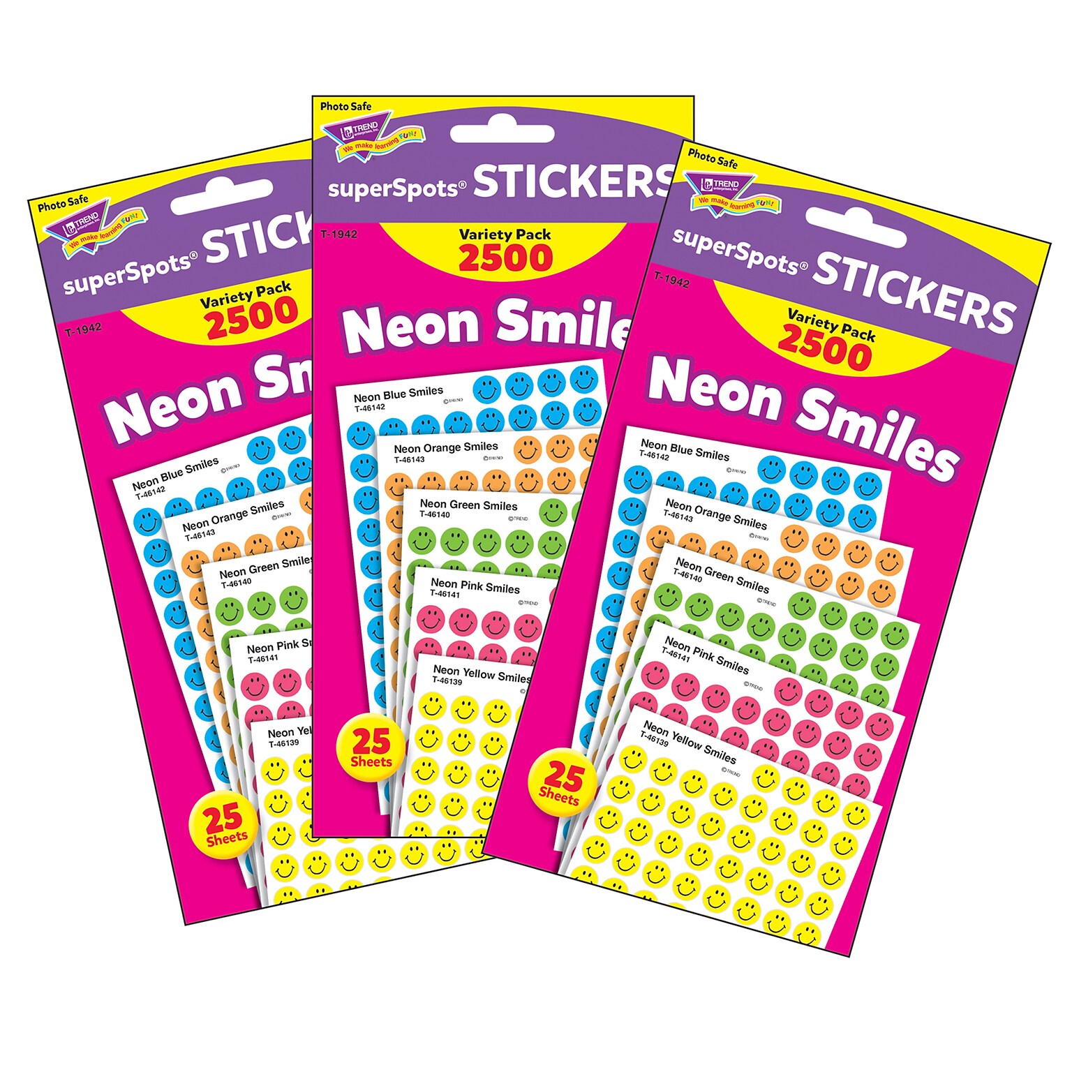 TREND Neon Smiles superSpots Stickers Variety Pack, 2500 Per Pack, 3 Packs (T-1942-3)