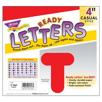 TREND 4" Casual Uppercase Ready Letters, Red, 71/Pack, 6 Packs (T-457-6)